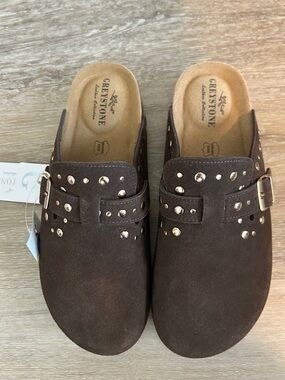 Greystone NWT Women's Brown Studded Suede Clogs with Buckle